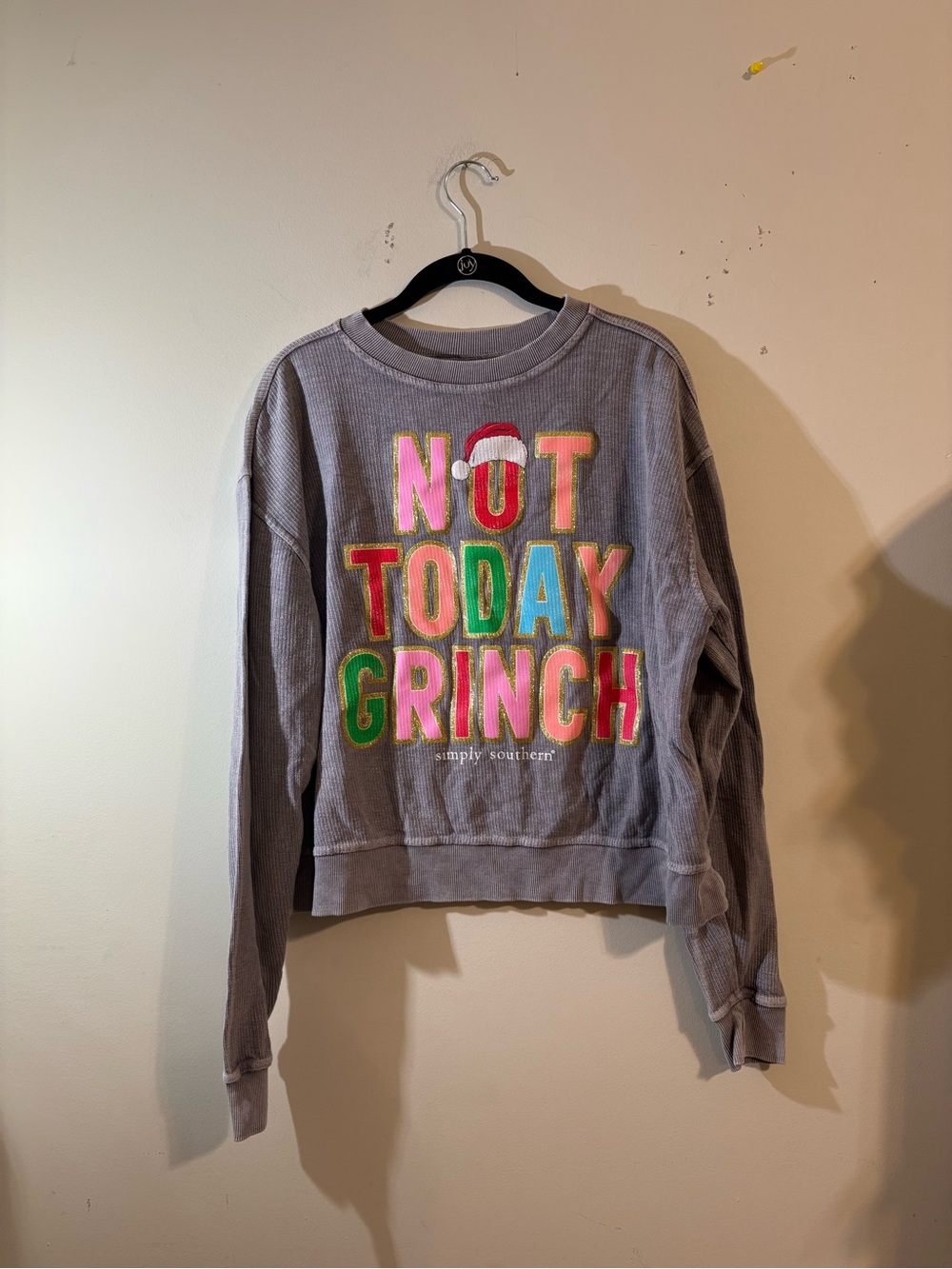 Simply Southern Gray Not Today Grinch Pullover Sweatshirt ribbed holiday medium